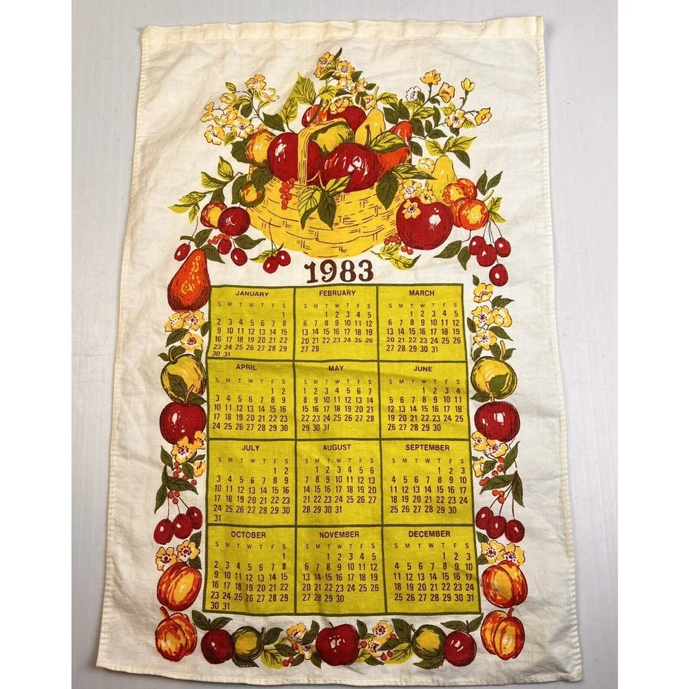 1983 Calendar Tea Towel VIntage Kitchen Red Yellow Fruits Linen Tea Towel